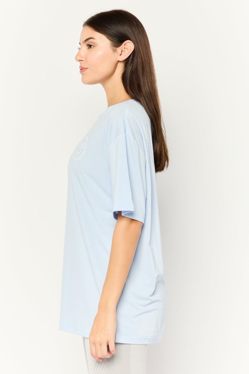 STEVE MADDEN Women Crew Neck Short Sleeve Brand Logo T-Shirt, Light Blue - Image 3