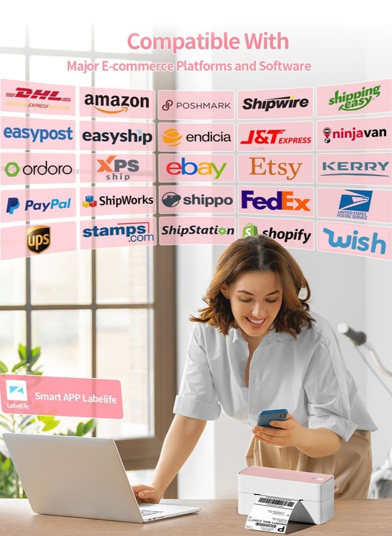 241-BT Bluetooth Thermal Label Printer, Wireless Shipping Label Printer for Small Business, Label Printer for Shipping Packages, Compatible with iPhone, Android (White+Pink) - Image 2