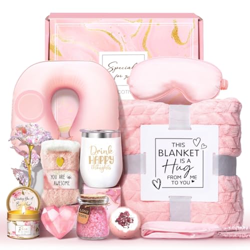 LUCOTIYA Birthday Gifts for Women Self Care Gifts Get Well Soon Gifts for Women,Relaxing Spa Gifts Basket w/Flannel Blanket Traveling Pillow Care Package christmas Birthday Gifts Idea for Mom Her Wife Friends - Image 1