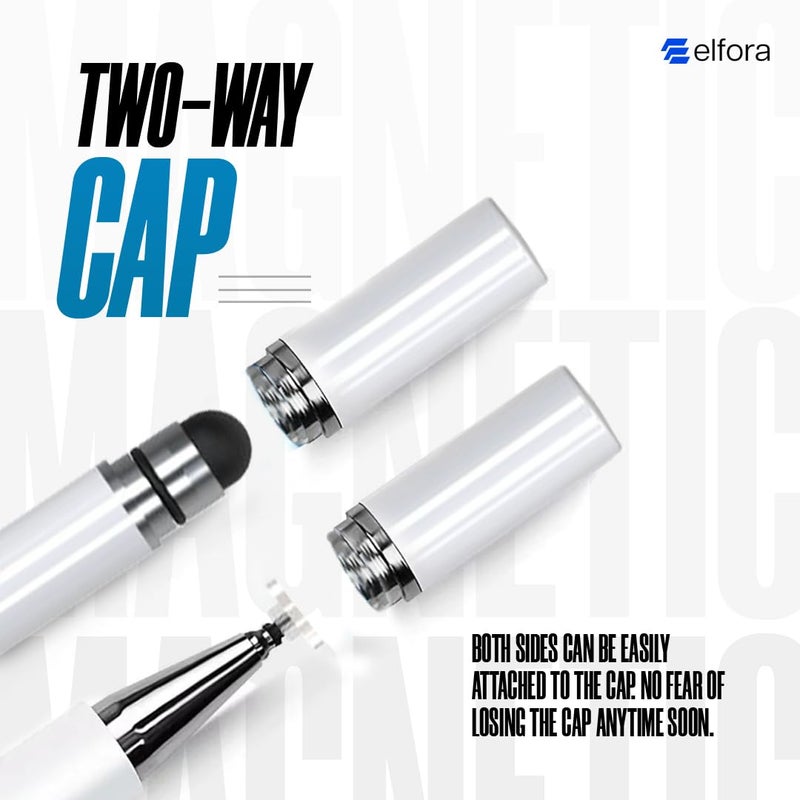 Elfora 2 in 1 Universal Stylus Pen for iOS, Android & Windows | High Precision Capacitive Pen with Replaceable Nib | Lightweight Aluminum Body | Fine Point Disc Tip Touch Screen(White) - Image 4