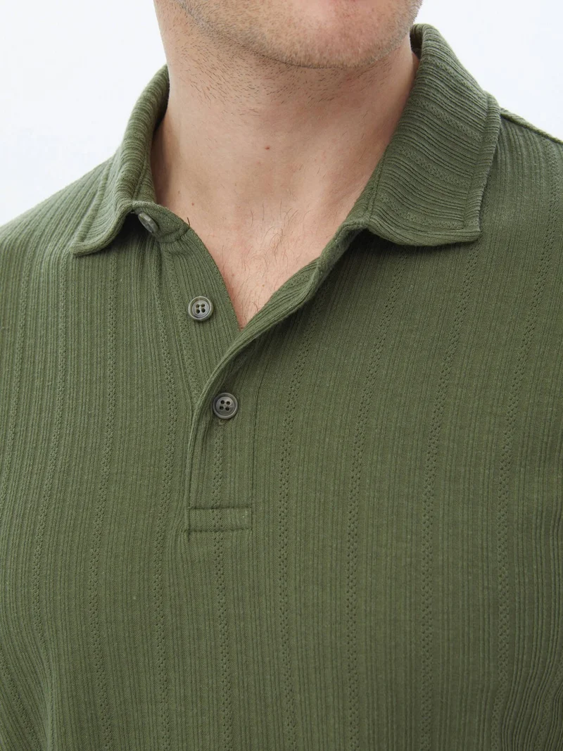 Kip Khaki Jacquard Polo Collar Cotton Blend T-Shirt