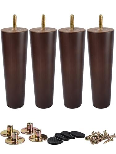 La Vane 5 inch Solid Wood Furniture Legs (12cm) - Walnut Finish Tapered Replacement Feet with 5/16 inch Thread & Mounting Plates - Set of 4 for Sofa, Couch, Cabinet, Ottoman - Image 1