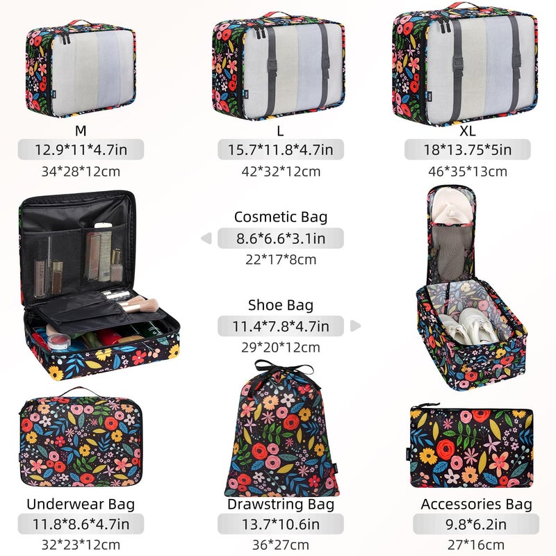 BAGAIL 8 Set Packing Cubes Luggage Packing Organizers for Travel Accessories-Black Floral - Image 2