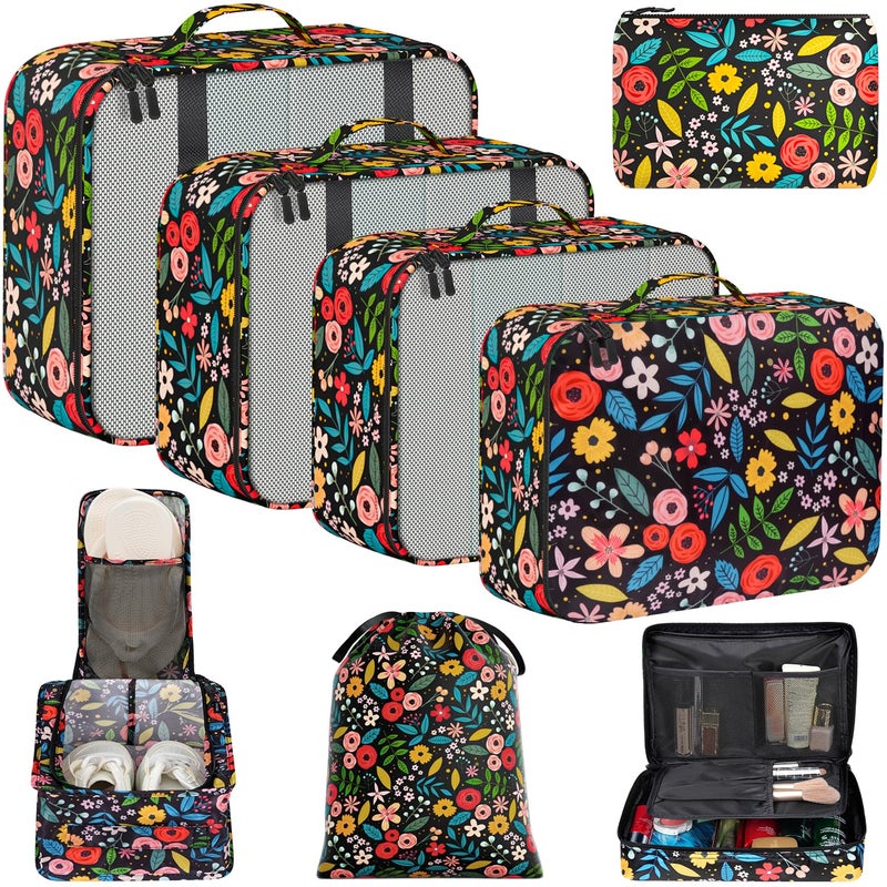 BAGAIL 8 Set Packing Cubes Luggage Packing Organizers for Travel Accessories-Black Floral - Image 1