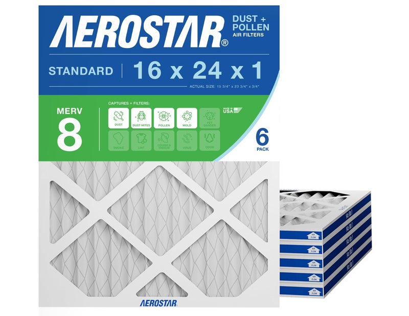 Aerostar 16x24x1 MERV 8 Air Filter, 6 Count, ACTUAL SIZE (15.75 x 23.75 x 0.75 ), HVAC, Air Conditioning & Furnace Filter Captures Dust, Lint & Pollen (MPR 600 / FPR 5), Made in USA - Image 1