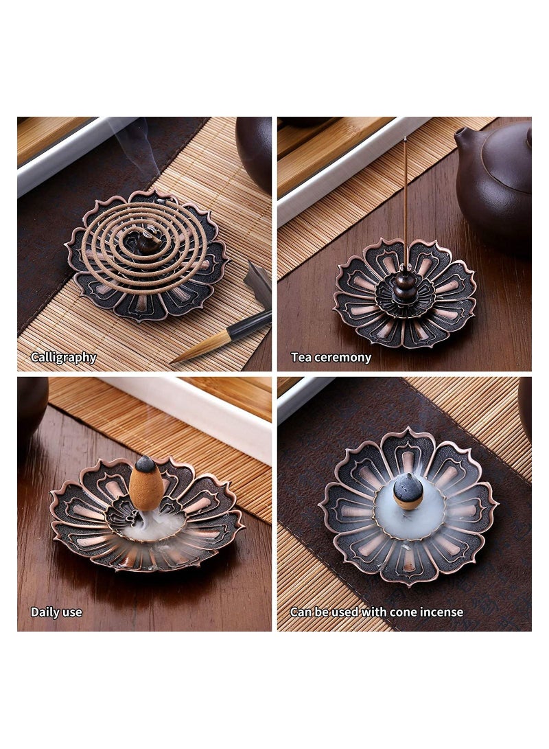 SYOSI Lotus Stick Incense Burner, SYOSI Incense Holder, Inscent Burner Disc for Stick, Coil, Cone Incense with Ash Catcher, Mini Multipurpose Alloy Sandalwood Incense Burner (Brown, Two)  - Image 2