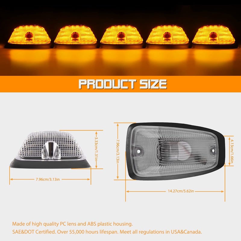 Gempro LED Cab Roof Marker Lights for 1988-2002 Chevy/GMC C/K Series Pickup Trucks, 5PCS (Clear Len Amber LED) - Image 2