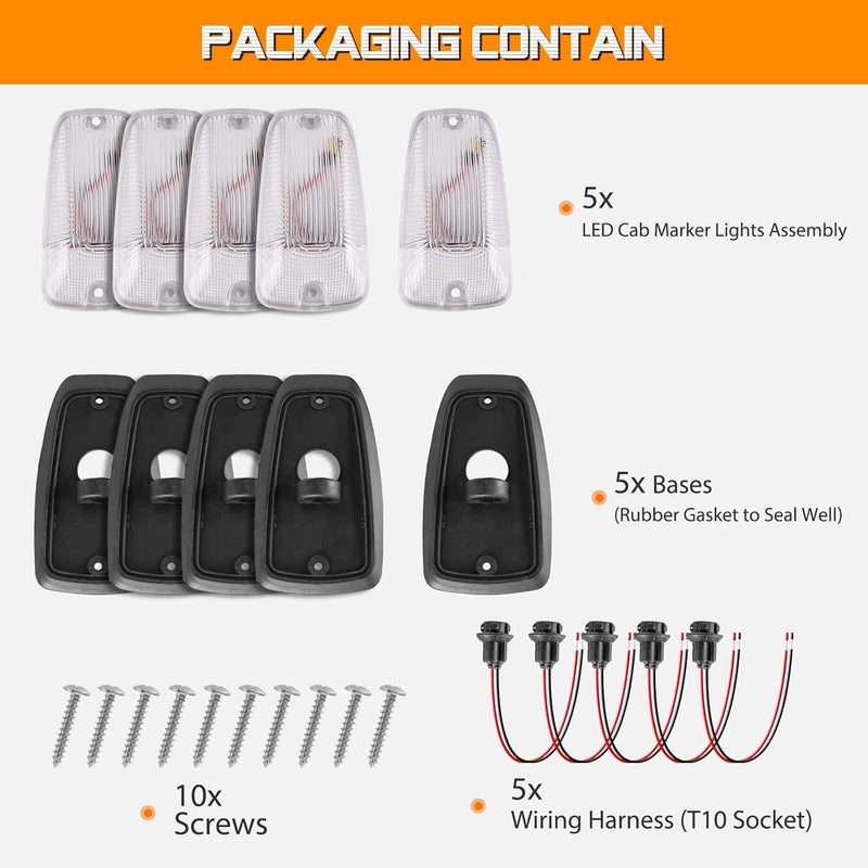 Gempro LED Cab Roof Marker Lights for 1988-2002 Chevy/GMC C/K Series Pickup Trucks, 5PCS (Clear Len Amber LED) - Image 3