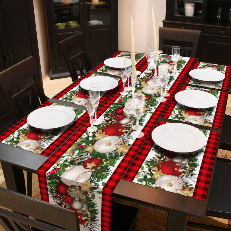VitalCozy 7 Pcs Christmas Table Runner and Placemat Set 72 x 13 Inch Buffalo Plaid Runner Xmas Poinsettia Table Mat for Holiday Kitchen Dining DecorationPlaidRed Black