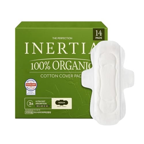 Inertia إنيرشيا الفوط الكورية الخضراء المثالية 100% قطن عضوي مع أجنحة امتصاص منتظم تنفسية بيوفيلم لامتصاص سريع مضادة للتسرب hypoallergenic فوط الدورة الشهرية للنساء 14 قطعة - Image 2