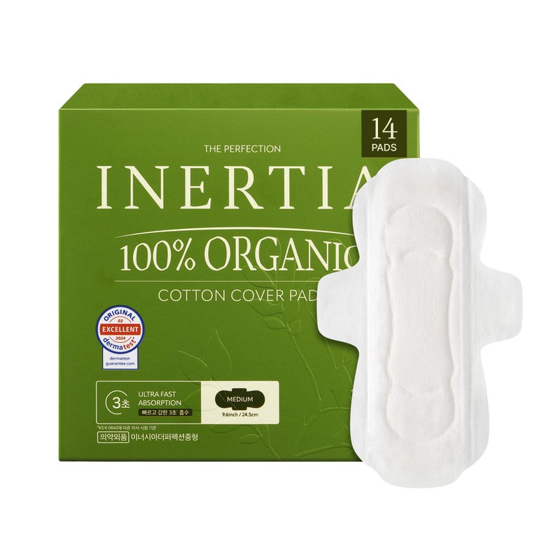 Inertia إنيرشيا الفوط الكورية الخضراء المثالية 100% قطن عضوي مع أجنحة امتصاص منتظم تنفسية بيوفيلم لامتصاص سريع مضادة للتسرب hypoallergenic فوط الدورة الشهرية للنساء 14 قطعة - Image 3