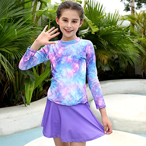 swimsobo Little Girls Rash Guard Two Pieces Swimsuit Purple Starry Sky Bathing Suit Long Sleeve Swimming Skirt with Shorts Swimwear Size 3 4 - Image 3