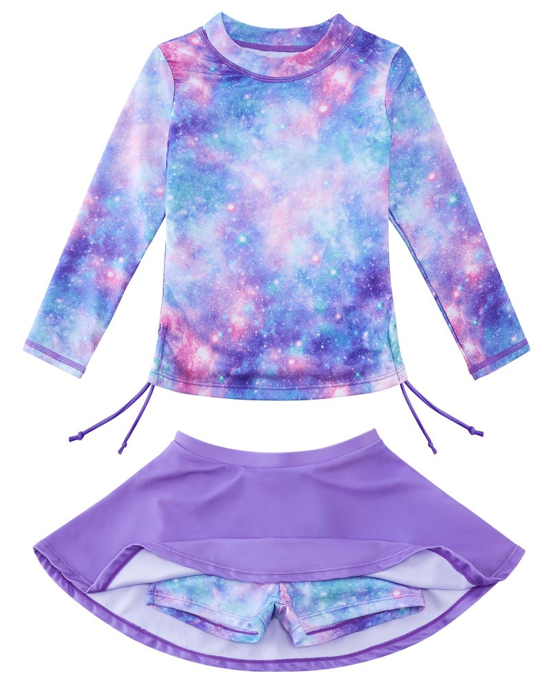 swimsobo Little Girls Rash Guard Two Pieces Swimsuit Purple Starry Sky Bathing Suit Long Sleeve Swimming Skirt with Shorts Swimwear Size 3 4 - Image 1