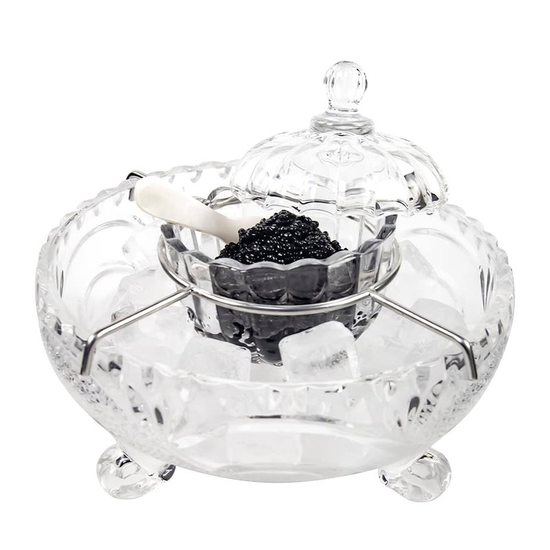 DUEBEL Caviar Serving Set 1 Glass Divided Serving Bowl Set Plus 2 pcs x Mother of Pearl Caviar Spoon Caviar Dish Serving Set Shrimp Chiller for Kitchen Restaurant Catering Events