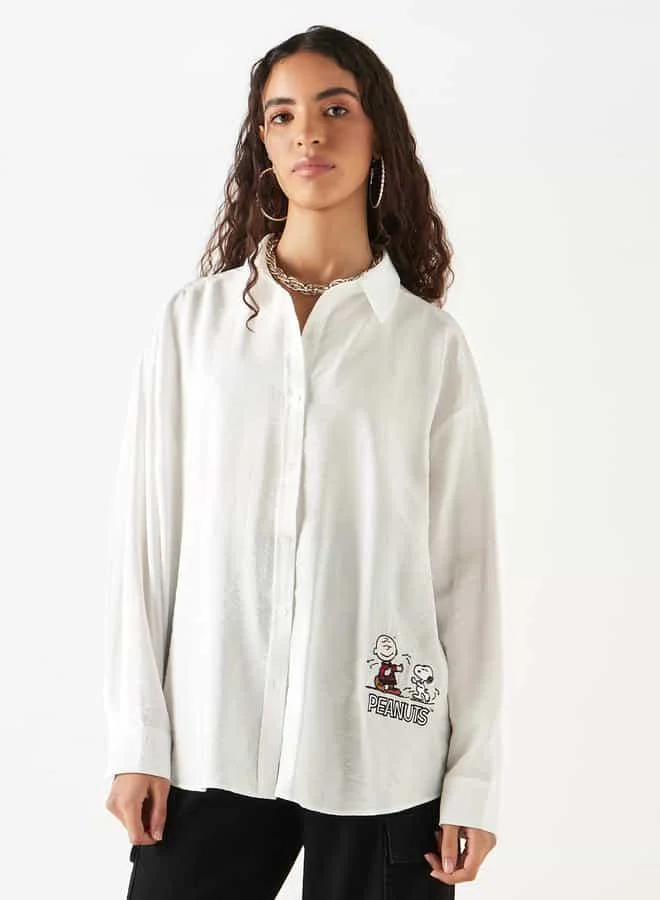 SP Characters Peanuts Print Oversized Shirt with Long Sleeves and Button Closure