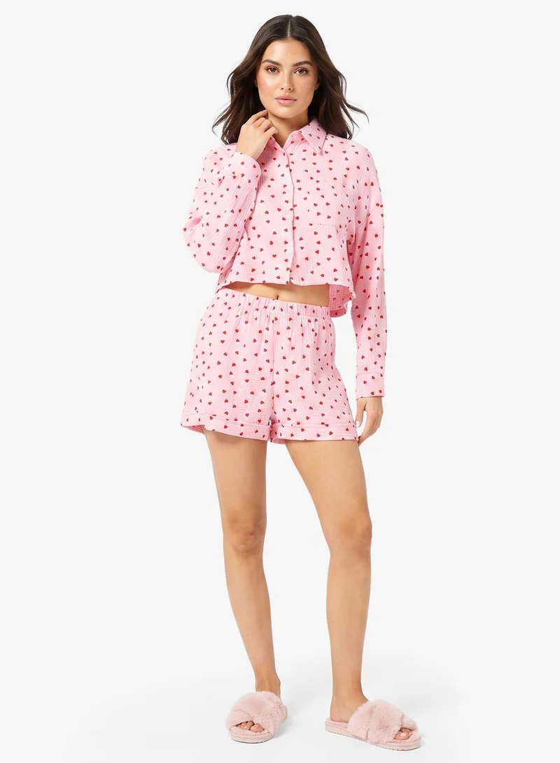 Ginger Heart Print Button Up Shirt & Short PJ Set
