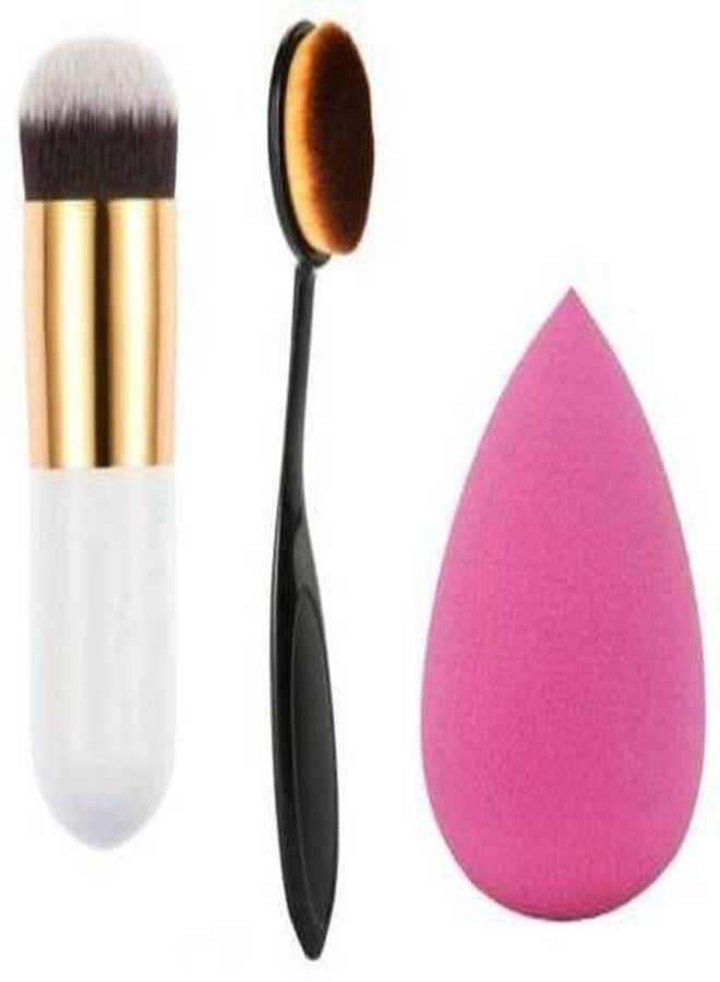 DATNASAYAD Foundation Brush, Oval Foundation Brush And Sponge Puff (3 Items In The Set) - Image 1