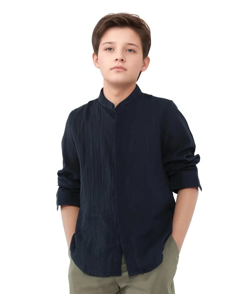 رير ونز Rare Ones Kids Ines Dark Navy Cotton Long Sleeve Spread Collar Solid Shirt