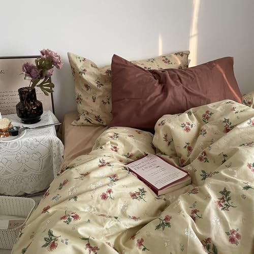 MKXI Yellowish Beige & Red Floral Duvet Cover Set King Size - 3 Piece Vintage Country Bedding Set with Floral & Green Leaf Patterns, 100% Cotton Soft Aesthetic Duvet Cover with Ties & Pillowcases - Image 4
