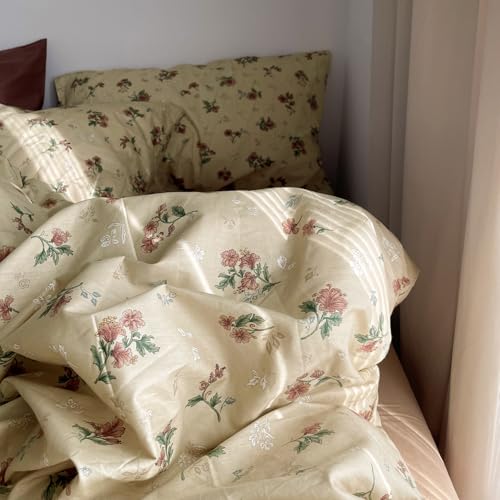 MKXI Yellowish Beige & Red Floral Duvet Cover Set King Size - 3 Piece Vintage Country Bedding Set with Floral & Green Leaf Patterns, 100% Cotton Soft Aesthetic Duvet Cover with Ties & Pillowcases - Image 3