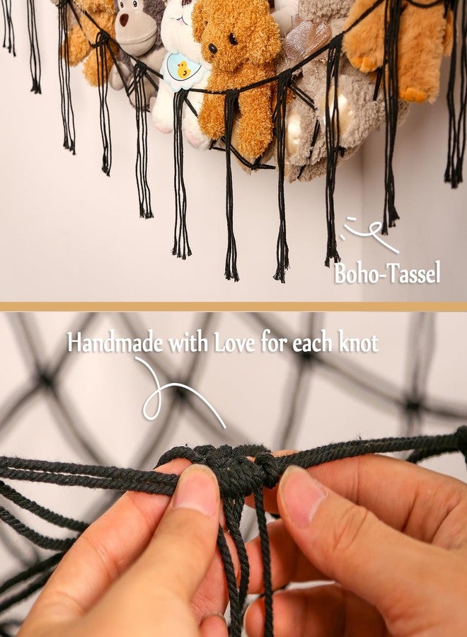 YKBU Stuffed Animals Hammock Corner Hanging Net with Tassel Macrame Stuffed Animal Storage Plush Toy Holder Toy Organizer for Boho Nursery Playroom Bedroom Kids Room Decor (black, Large) - Image 2