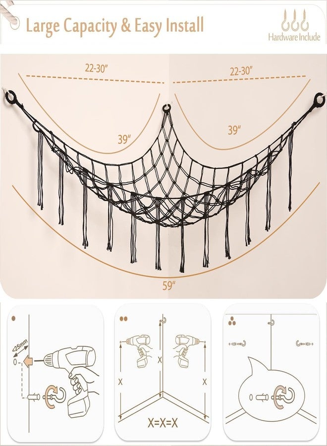 YKBU Stuffed Animals Hammock Corner Hanging Net with Tassel Macrame Stuffed Animal Storage Plush Toy Holder Toy Organizer for Boho Nursery Playroom Bedroom Kids Room Decor (black, Large) - Image 5