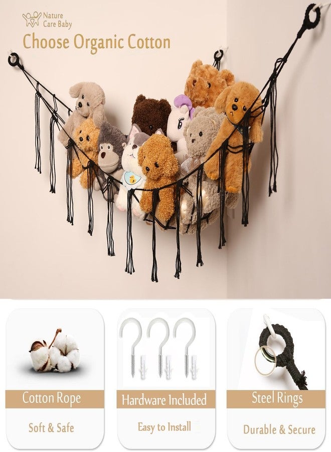 YKBU Stuffed Animals Hammock Corner Hanging Net with Tassel Macrame Stuffed Animal Storage Plush Toy Holder Toy Organizer for Boho Nursery Playroom Bedroom Kids Room Decor (black, Large) - Image 3