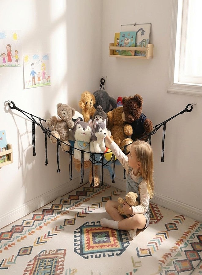 YKBU Stuffed Animals Hammock Corner Hanging Net with Tassel Macrame Stuffed Animal Storage Plush Toy Holder Toy Organizer for Boho Nursery Playroom Bedroom Kids Room Decor (black, Large) - Image 1