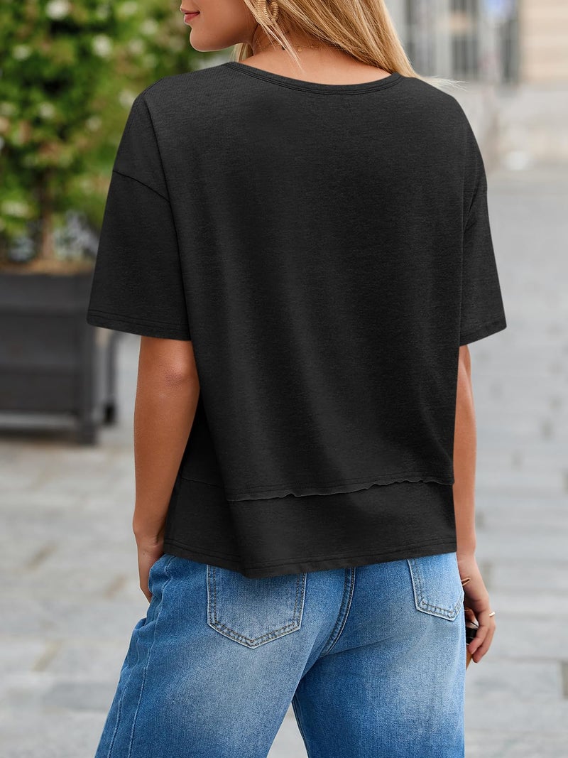 Cicy Bell Womens Summer V Neck T Shirts Casual Short Sleeve Flowy Tops Cute Loose Fit Basic Tees Black - Image 5