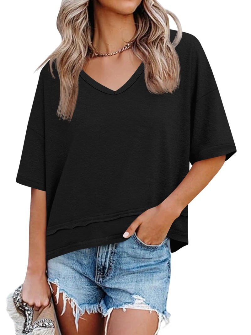 Cicy Bell Womens Summer V Neck T Shirts Casual Short Sleeve Flowy Tops Cute Loose Fit Basic Tees Black - Image 1