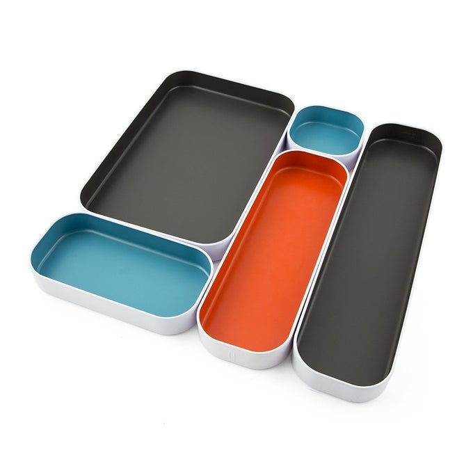 5 PIECE METAL ORGANIZER TRAY SET FOR STORING MAKEUP STATIONERY UTENSILS AND MORE IN OFFICE DESK KITCHEN AND BATHROOM DRAWERS 1 INCH GRAY SKY BLUE ORANGE