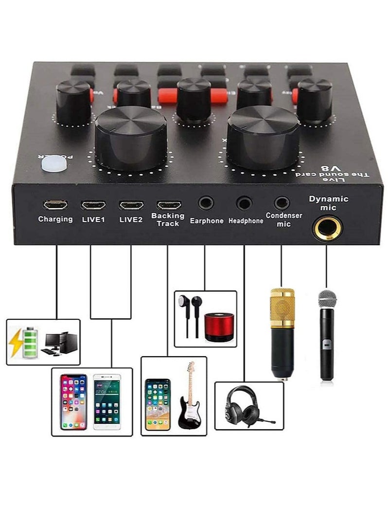 Professional Condenser Microphone With V8S Live Sound Card And Studio Recording Broadcasting Set Black/Gold