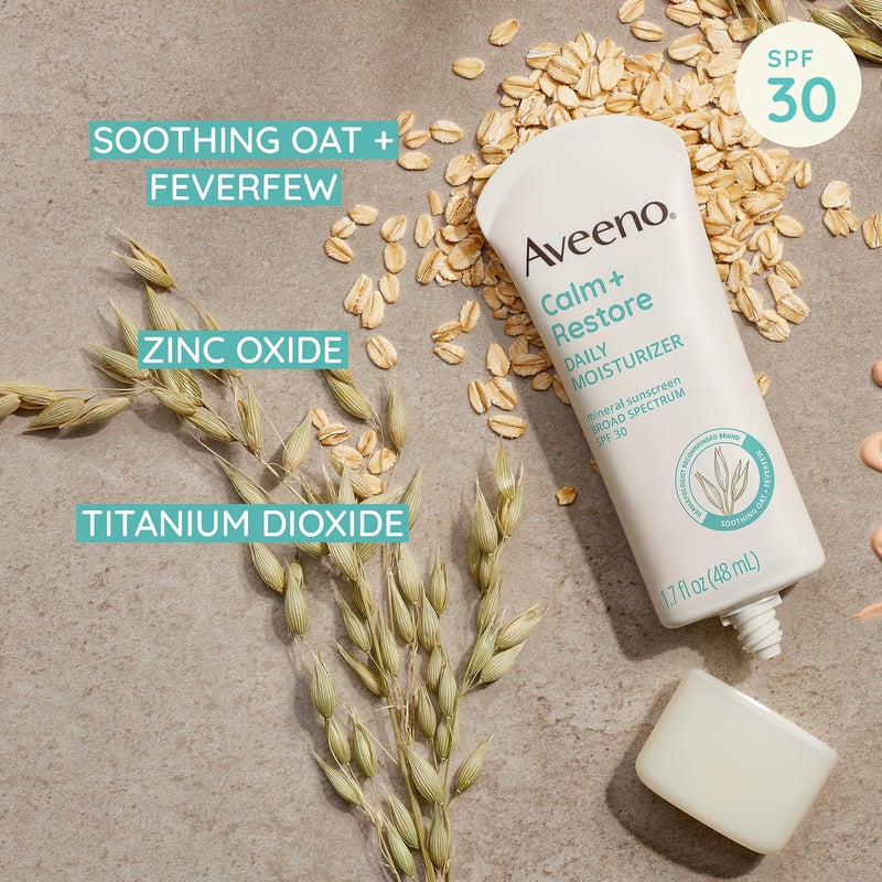 Aveeno Calm + Restore Daily Moisturizer Mineral Sunscreen with Broad Spectrum SPF 30, Lightweight All Day Moisture + UVA/UVB Sun Protection for Sensitive Skin, Fragrance Free, 1.7 fl. Oz - Image 4