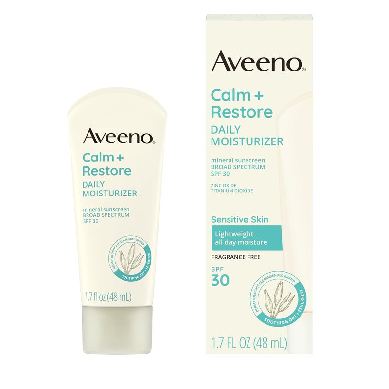 Aveeno Calm + Restore Daily Moisturizer Mineral Sunscreen with Broad Spectrum SPF 30, Lightweight All Day Moisture + UVA/UVB Sun Protection for Sensitive Skin, Fragrance Free, 1.7 fl. Oz - Image 1