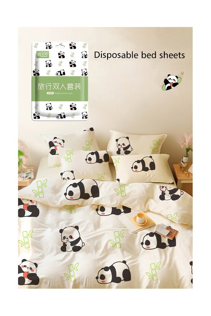 باندا ملاءات سرير للاستخدام مرة واحدة مع ملاءة مسطحة، وغطاء لحاف، وغطائي وسادة، وغطاء سرير سفر ملائم للاستخدام مرة واحدة للفنادق، ولحاف، وغطاء وسادة. - Image 1
