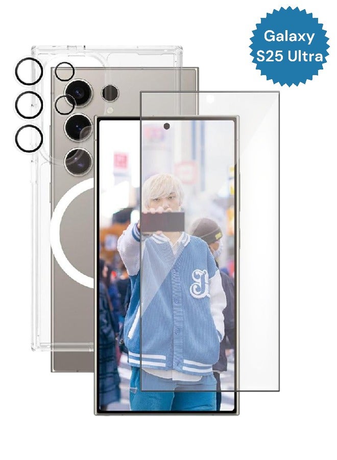 Protection kit for the Samsung Galaxy S25 Ultra, high-quality and clear silicone protection case that supports wireless charging, nano HD screen protector, camera lens protection, luxury set (3in1)