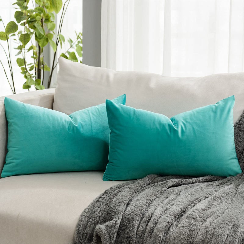QUAFOO Turquoise Decorative Lumbar Velvet Throw Pillow Covers 12x20 inch Set of 2 with Zipper Luxury Soft Solid Rectangle Cushion Covers Case for Sofa Couch Bed Living Room