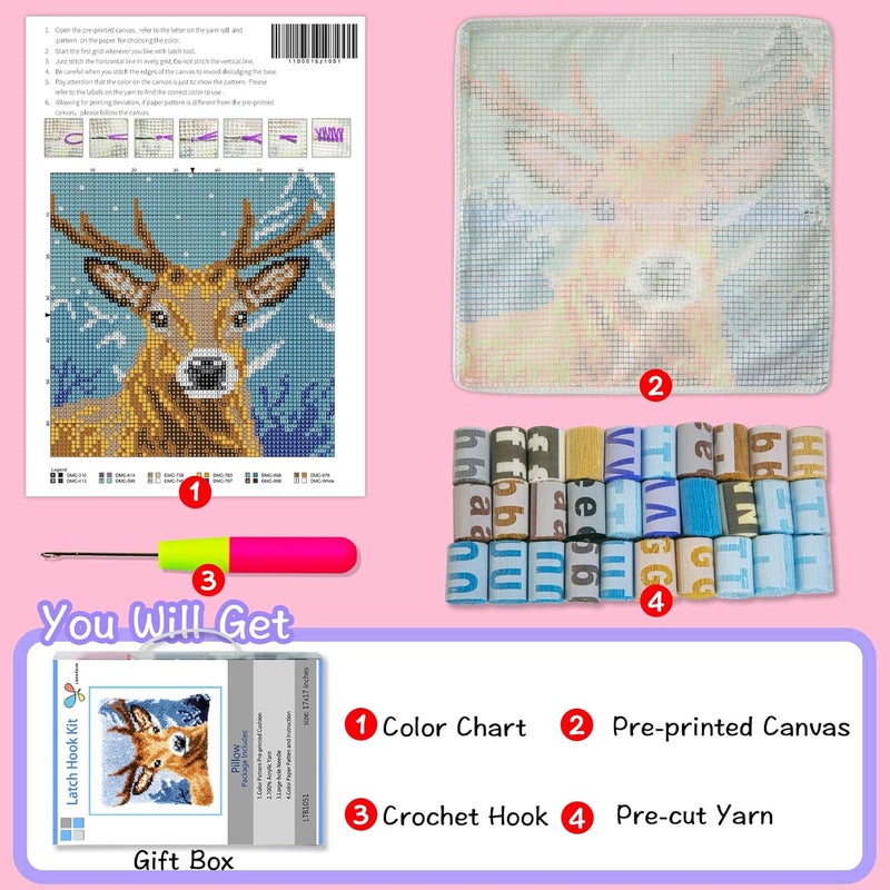 LAPATAIN Latch Hook Kits for DIY Throw Pillow Cover,Wild Deer Needlework Cushion Cover Hand Craft Crochet for Great Family 16.5x16.5inch - Image 2