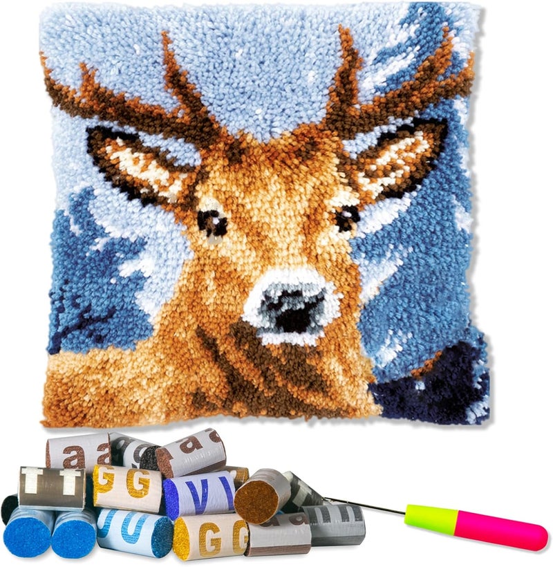 LAPATAIN Latch Hook Kits for DIY Throw Pillow Cover,Wild Deer Needlework Cushion Cover Hand Craft Crochet for Great Family 16.5x16.5inch - Image 1