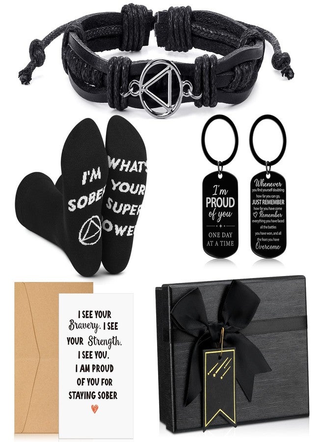 Geyoga 5 Pcs Sobriety Gift for Men Women Addiction Recovery Sober Encouragement Gifts AA Leather Bracelet Socks with Card Box - Image 1