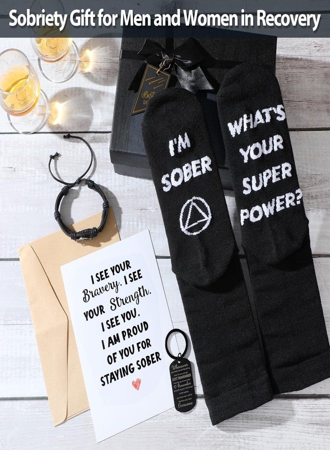 Geyoga 5 Pcs Sobriety Gift for Men Women Addiction Recovery Sober Encouragement Gifts AA Leather Bracelet Socks with Card Box - Image 5