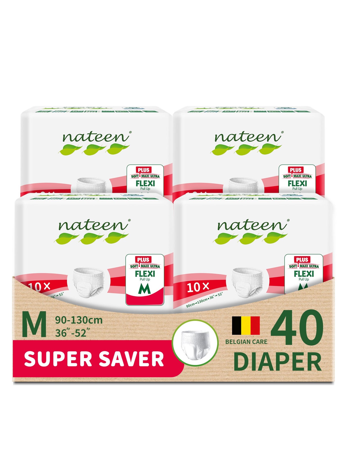 nateen Flexi Plus Adult Diapers Pants,Incontinence Pull Up,Medium,Waist Size 90-130cm,40 Count Adult Pull Ups,Superior Comfort,Excellent Combination of Protection