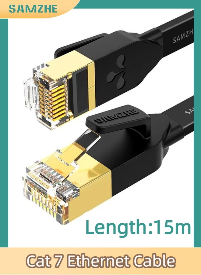 SAMZHE كابل إيثرنت Cat 7 بطول 15 مترًا، عالي السرعة، محمي، فائق النحافة، مسطح، بسرعة 10 جيجابت في الثانية، متعدد الطبقات، مضاد للتداخل، موصل RJ45 مطلي بالذهب، سلك توصيل لشبكة LAN، الإنترنت، الكمبيوتر، PS5، PS4، Xbox، الكمبيوتر الشخصي، الألعاب، أجهزة التوجيه، المودم (أسود) - Image 1