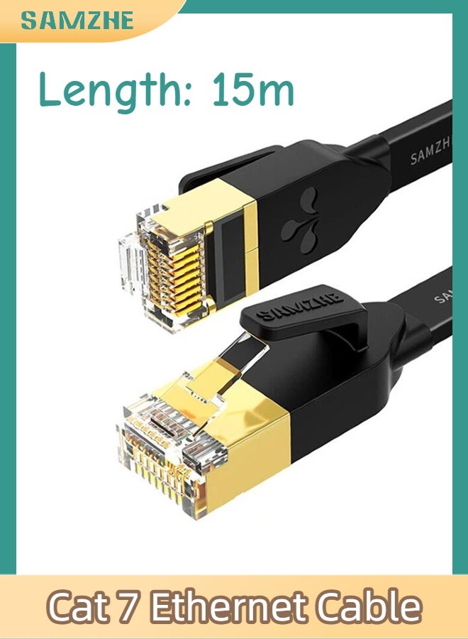 SAMZHE كابل إيثرنت Cat7 بطول 15 مترًا، عالي السرعة 10 جيجابت في الثانية، 600 ميجاهرتز، سلك LAN نحاسي نقي فائق النحافة ومسطح ومحمي، موصل RJ45 مع غطاء واقٍ، مطلي بالذهب لمقاومة التداخل، سلك توصيل إنترنت للكمبيوتر لأجهزة PS5 وPS4 وXbox والكمبيوتر الشخصي والألعاب وأجهزة التوجيه والمودم (أسود) - Image 1