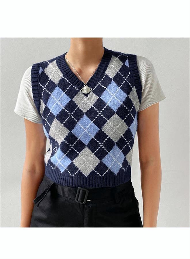 NIBEMINENT Women's Fashion Knitted Sleeveless Top College Style Retro Rhombic Tank Classic V-Neck Short - Image 1