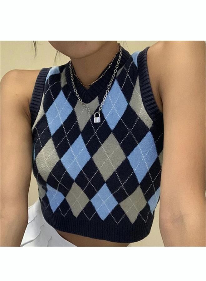 NIBEMINENT Women's Fashion Knitted Sleeveless Top College Style Retro Rhombic Tank Classic V-Neck Short - Image 4
