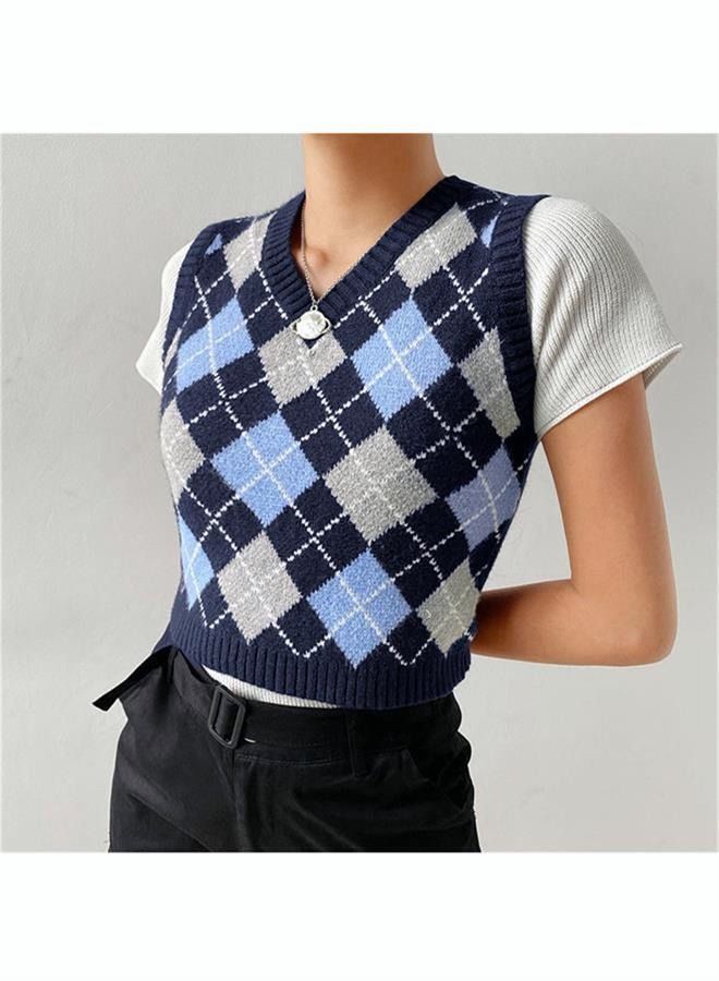 NIBEMINENT Women's Fashion Knitted Sleeveless Top College Style Retro Rhombic Tank Classic V-Neck Short - Image 2