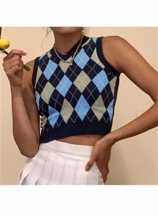 NIBEMINENT Women's Fashion Knitted Sleeveless Top College Style Retro Rhombic Tank Classic V-Neck Short - Image 3