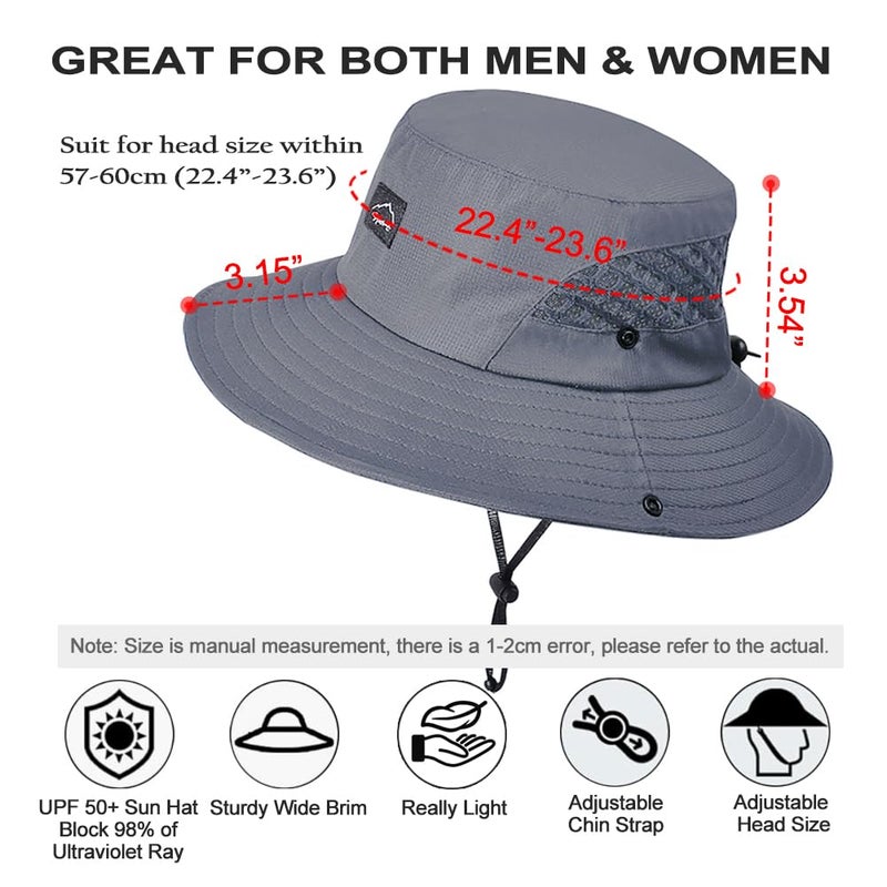 Sireck Fishing Hat, UPF50+ Wide Brim Sun Hat for Men Women, UV Protection Hiking Beach Bucket Hats Summer Safari Hat (Gray) - Image 2