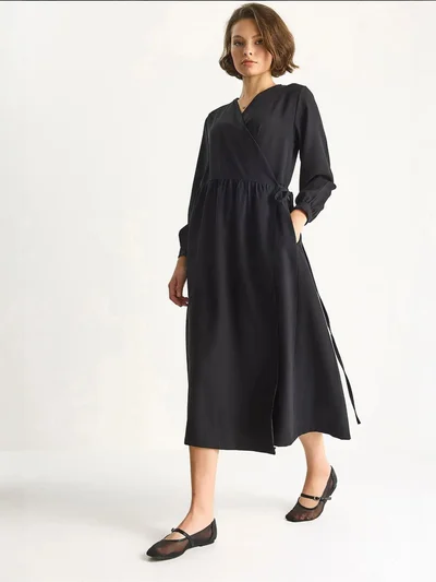 Bianco Lucci LUCCI Maxi Ruffle Drape Turtleneck Dress